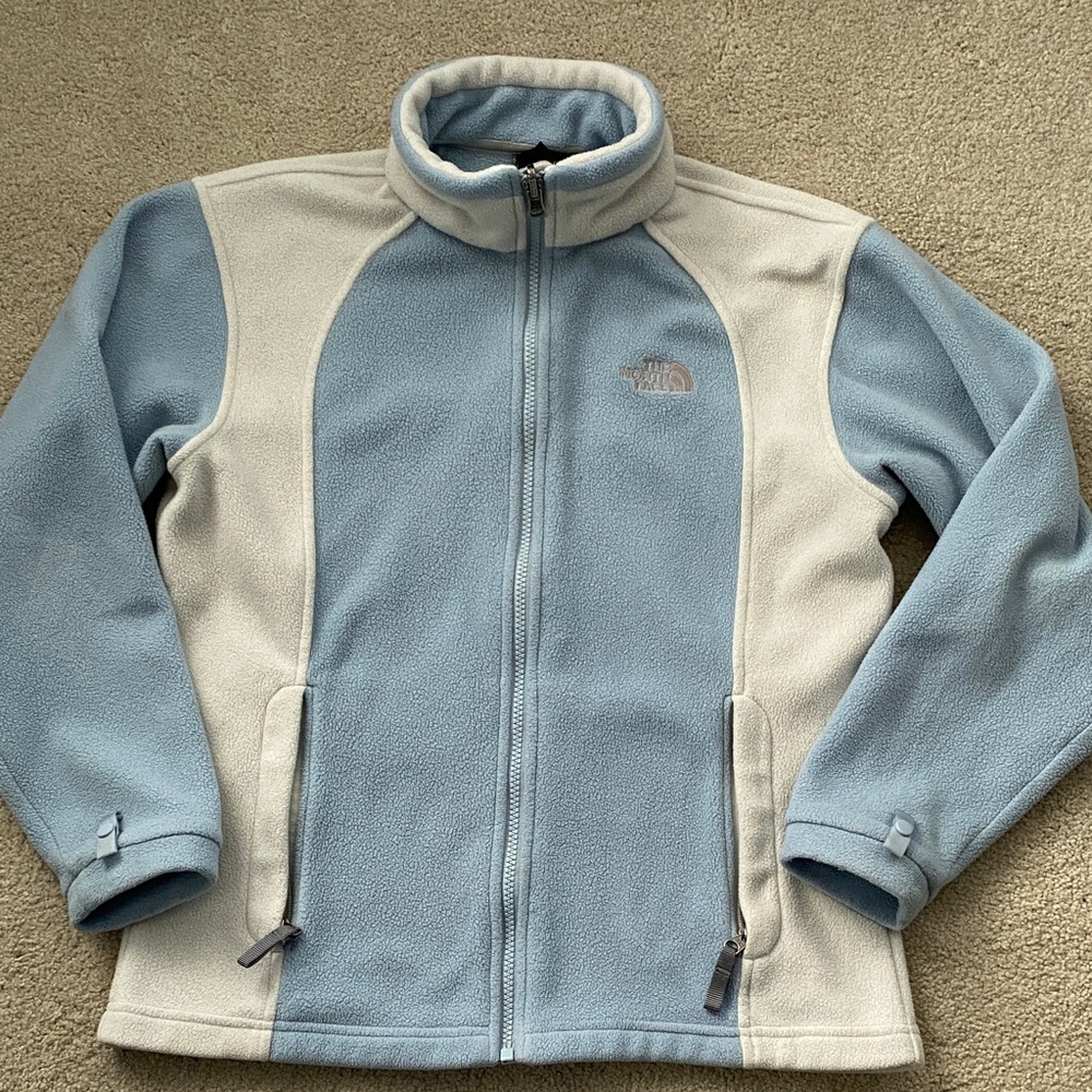 The North Face blue and creamy white fleece jacket in youth large